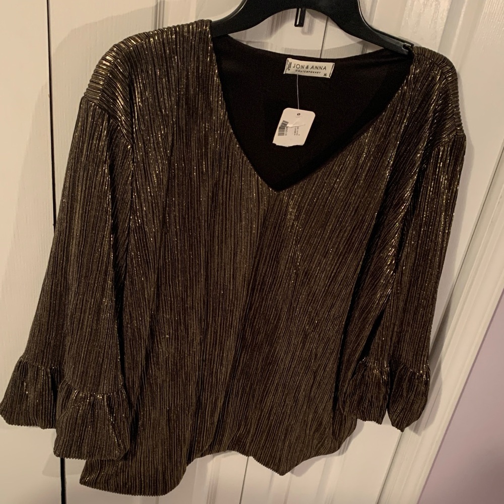 NWT- Jon &  Anna Metallic V-Neck Ruffle Sleeve Women's Top - Gold